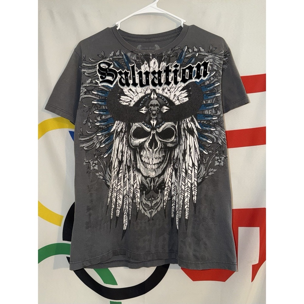 Vintage Y2K Carbon Black T Shirt Medium Grunge Skull Wings Cross